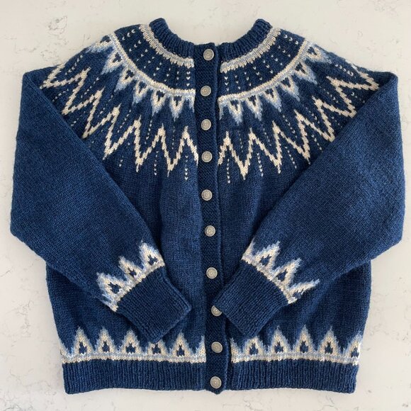 Hand Crafted Fair Isle Inspired Hand Knit Crew Neck Cardigan Blue & Cream OS - Picture 10 of 10